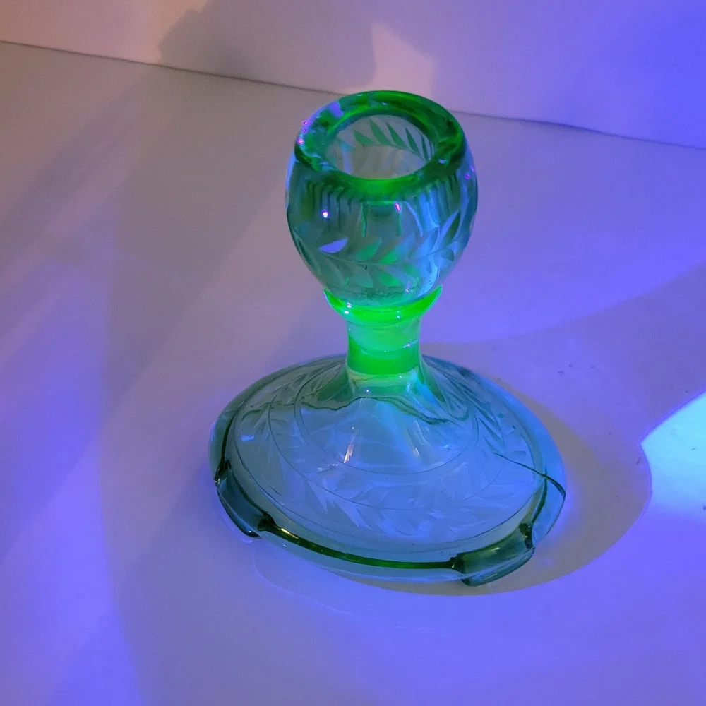 Vintage Fostoria Uranium Glass Candlestick Glowy Glass